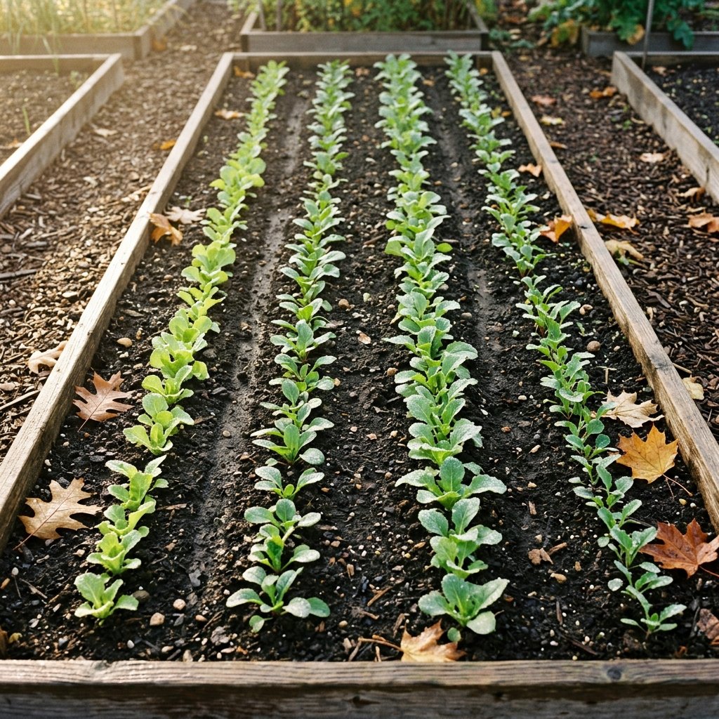Close-up of green garden beds in early morning — dew, structure, slow growth