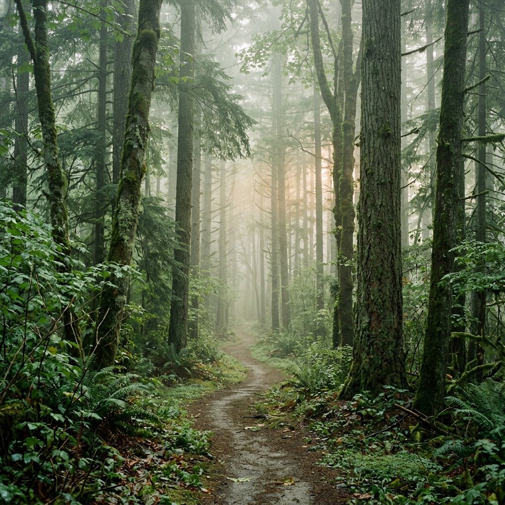 Misty forest path in early morning light, diffuse green glow