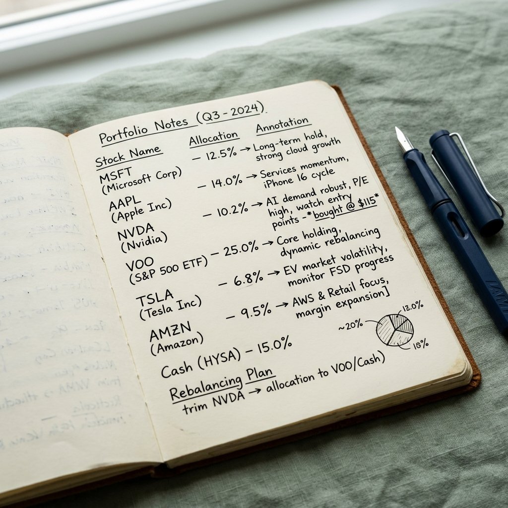 Portfolio notes in a plain notebook on a sage-green surface, fountain pen resting open